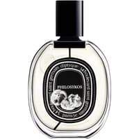 Clear oval bottle of Diptyque Philosykos Eau de Parfum, black cap, intricate black label with white text.