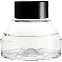 Clear glass bottle with black cap, containing Diptyque Roses Diffuser 75 ml Refill, showcasing floral fragrance liquid.
