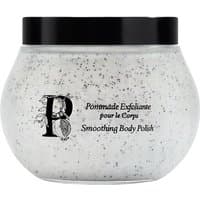 Diptyque Smoothing Body Polish, 200 ml jar, white exfoliating scrub with black specks, black lid.