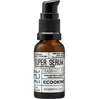 Ecooking Super Serum 20 ml in amber bottle with black pump, white label with black text, suitable for all skin types.