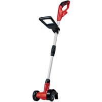 Red and black Einhell cordless grout cleaner with telescopic handle and dual wheels.