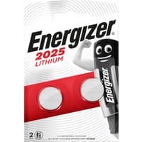 Energizer CR2025 lithium coin cell batteries, pack of 2, in red and white packaging with battery mascot.