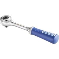 Silver Expert 1/4in drive round head ratchet with blue ergonomic handle and logo.