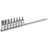 Expert E030704 1/4in drive hex bit socket set, 8 pieces on a metal rail, chrome finish with varying bit sizes.