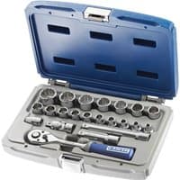 Expert E031805 socket set with 22 pieces, including ratchet, sockets, and extensions in a blue and gray case.
