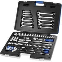 Black case with 101-piece Expert socket and spanner set, including wrenches, sockets, and ratchets neatly organized.