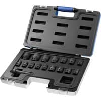 "Black Expert E041603 1/2in impact socket set with 16 pieces in a sturdy gray case with blue handle"