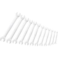 Silver 12-piece metric open-end spanner set ranging from 6mm to 32mm, neatly arranged in size order.