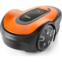 Orange and black Flymo EasiLife GO 500 robotic lawnmower with sleek design and large wheel covers.