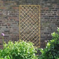 Wooden lattice trellis with diamond pattern, 6' x 3', light brown finish, mounted on a brick wall.