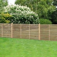 Forest 6' x 3' slatted fence panel, pressure-treated wood, horizontal slats, contemporary style, lush garden backdrop.