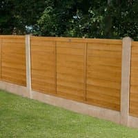 Wooden 6' x 4' straight cut overlap fence panel with horizontal slats and natural finish, set in a garden.