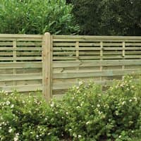 Kyoto decorative fence panel, 6'x5', pressure-treated wood, horizontal slats, natural finish, surrounded by greenery.