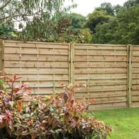 Forest 6' x 6' Europa Plain fence panel, pressure-treated wood, horizontal slats, decorative garden backdrop.