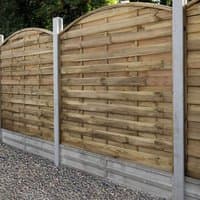 Wooden domed top fence panel with horizontal slats, pressure treated, set in concrete posts, 6' x 6' size.