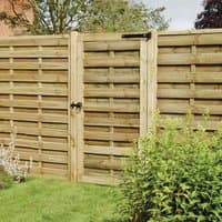 Forest Europa 3' x 6' wooden side garden gate, pressure treated, horizontal slats, natural finish, black latch.