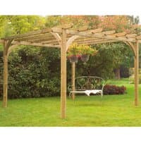 Wooden garden pergola kit with arched beams and lattice roof, 10'x10', set in a grassy area with hanging plants.