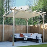 Wooden garden pergola with retractable canopy, square design, natural finish, set on patio with outdoor seating.