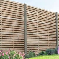 Forest pressure treated 6x6 fence panel with double slats, horizontal wood design, supported by vertical posts.