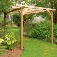Wooden garden pergola 8' x 8' with natural finish, arched beams, and sturdy posts, set in a lush green garden.