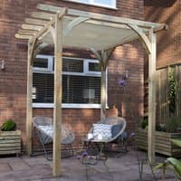 Wooden garden pergola with retractable canopy, featuring arched beams and a natural finish, set on a patio.