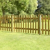 Forest wooden picket fence panel, 6x3 feet, natural wood finish, vertical slats with pointed tops, set in a grassy yard.