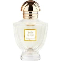 Clear glass bottle of Fragonard Belle de nuit Eau de Parfum with gold cap and label, 50 ml, women's amber oriental perfume.