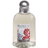 Clear glass bottle of Fragonard Belle de Soleil Eau de Toilette, silver cap, floral label design, 200 ml women's citrus perfume.