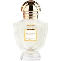 Clear glass bottle of Fragonard Diamant Eau de Parfum, 50 ml, with gold cap and label, women's floral fragrance.