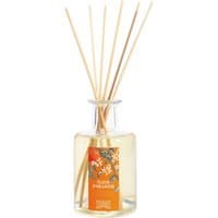 Clear glass bottle with orange label, filled with liquid, and wooden reeds for Fragonard Fleur d'Oranger diffuser.