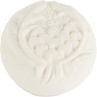 Round white soap with embossed floral design, labeled "Fragonard - Grenade Pivoine Savon 150 g."