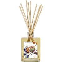 Square glass bottle with wooden reeds, featuring a colorful floral label, Fragonard Pistache Cedre Woody Diffuser.