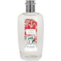 Clear glass bottle of Fragonard Pivoine Eau de Toilette, floral label with red peonies, silver cap, 100 ml.