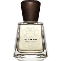 Clear glass bottle with dark wooden cap, labeled "Isle of Man Eau de Parfum" by Frapin, 100 ml men's fruity perfume.