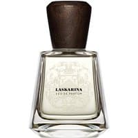 Clear glass bottle with dark wooden cap, labeled "Laskarina Eau de Parfum" by Frapin, 100 ml women's amber oriental perfume.