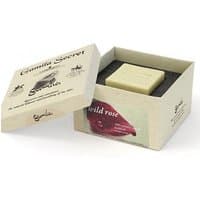 Gamila Secret Wild Rose Cleansing Bar in open beige box with floral design, 115g square soap for normal skin.