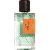 Clear glass bottle of Blue Cypress perfume with black cap and orange label by Goldfield & Banks, 100 ml.