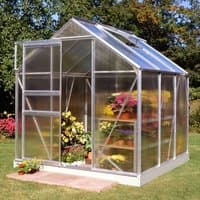 Halls 6x6 aluminium frame greenhouse with clear polycarbonate panels, pitched roof, and sliding door.