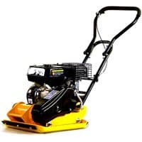 Yellow Handy compactor plate with black handle, 5.5HP engine, and protective metal frame.