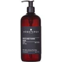 Amber pump bottle of Hobe Pergh Face and Hand Soap, 500 ml, with black label and white text.