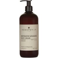 Brown pump bottle of Hobe Pergh Restorative Advanced Body Cream, 500 ml, with beige label and black text.