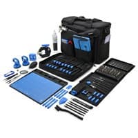 Black and blue iFixit electronic repair tool kit with precision screwdrivers, pry tools, and organized storage bag.