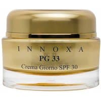 Gold Innoxa anti-aging face cream jar with clear base, labeled "Crema Giorno SPF 30" for mature skin, 50 ml.