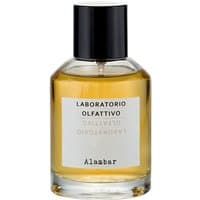 Clear glass bottle with black cap, white label, containing amber-colored Alambar Eau de Parfum by Laboratorio Olfattivo.