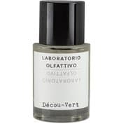 Clear glass bottle with black cap, white label reads "Laboratorio Olfattivo Décou-Vert" in black text, unisex floral perfume.