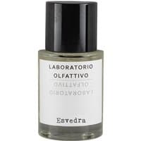 Clear glass bottle with black cap, white label reading "Laboratorio Olfattivo Esvedra," aromatic unisex perfume, 30 ml.