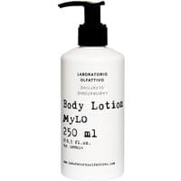 White bottle of MyLo Body Lotion 250 ml by Laboratorio Olfattivo with black pump and bold black text.
