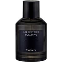 Black cylindrical bottle of Laboratorio Olfattivo Vanhera Eau de Parfum, 100 ml, with minimalist label design.