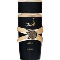 Black and gold Lattafa Asad Eau de Parfum bottle, 100 ml, with Arabic script and ornate gold band design.