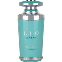 Teal Lattafa Mayar Natural Intense Eau de Parfum bottle with silver accents and Arabic script, 100 ml.